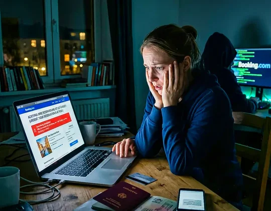 In die Falle geraden? Frau sitzt nachdenklich vor Laptop, Hintergrund mit Programmcode und persönlichen Gegenständen.