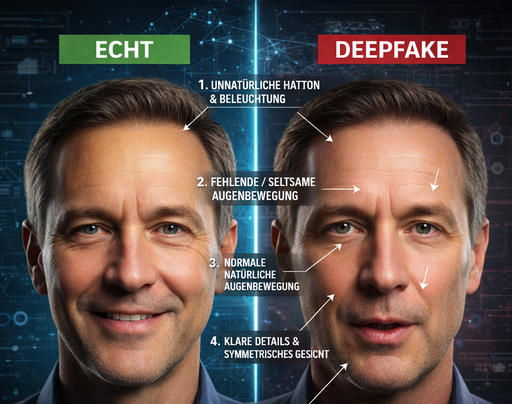 Deepfake Vergleich zwischen echtem Bild und Deepfake, mit fünf Merkmalen zur Unterscheidung.