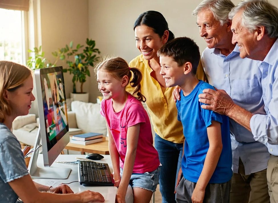 Familiensicherheit Familie lächelt und schaut gemeinsam auf einen Laptop-Bildschirm.
